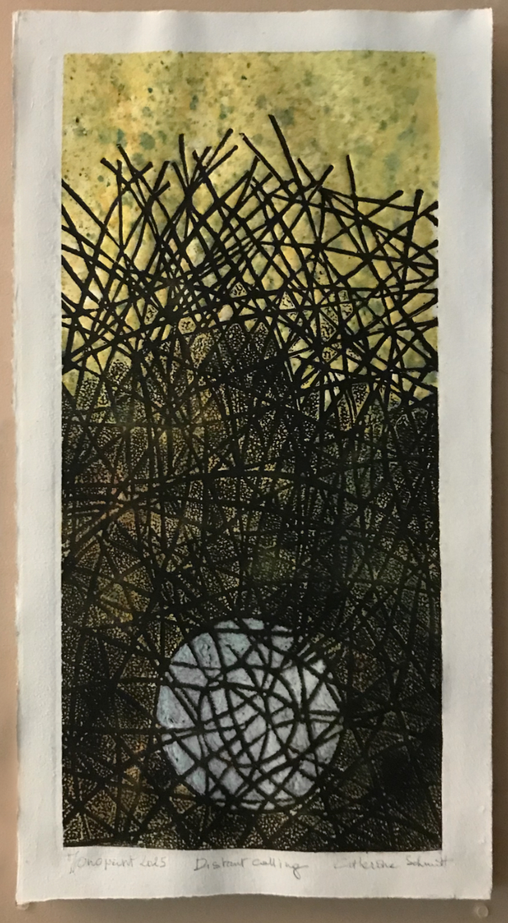 Monoprint with textured yellow background, black cross hatching and white circle at the bottom of the print. 